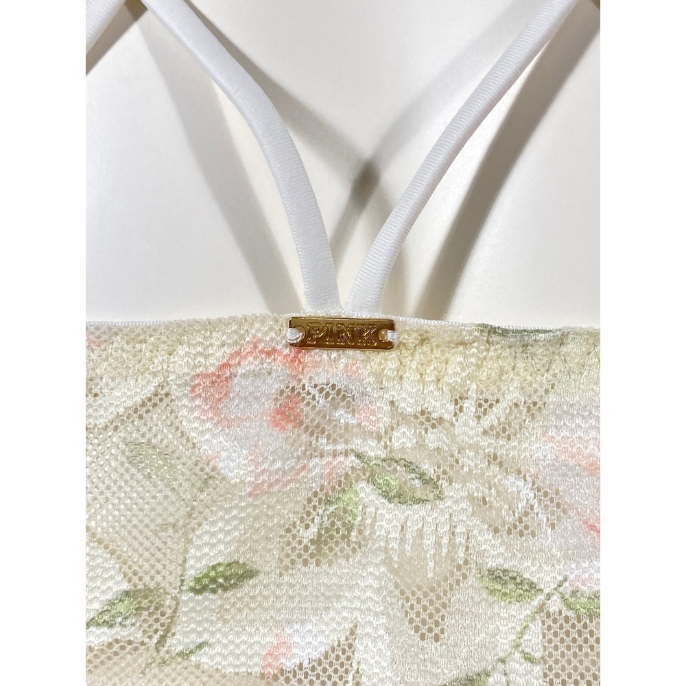 Victoria's Secret PINK Floral Lace Bralette Cream Pink Strappy Back Stretch L - Picture 4 of 7